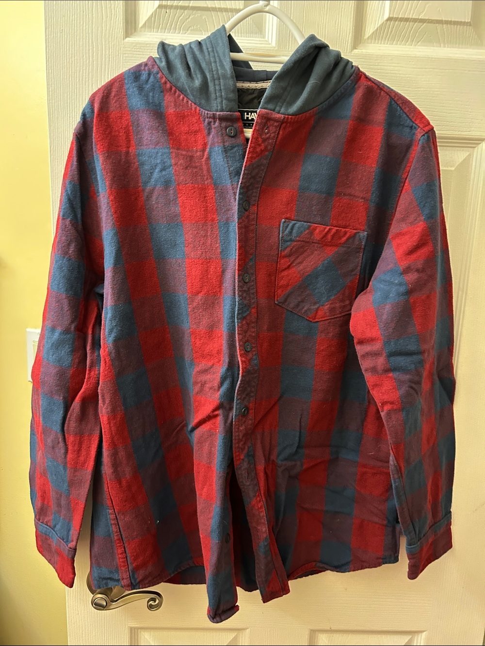 Tony Hawk Red and Blue Plaid Button-Down Shirt with Hood